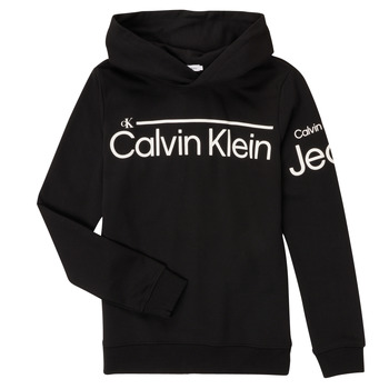 衣服 男孩 卫衣 Calvin Klein Jeans INSTITUTIONAL LINED LOGO HOODIE 黑色