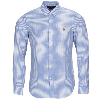 衣服 男士 长袖衬衫 Polo Ralph Lauren CHEMISE AJUSTEE SLIM FIT EN LIN 蓝色 / 白色