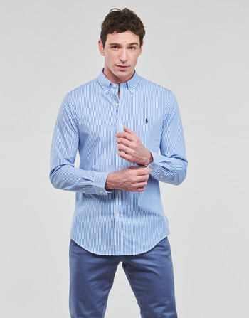 衣服 男士 长袖衬衫 Polo Ralph Lauren CHEMISE AJUSTEE SLIM FIT EN POPELINE RAYE 蓝色 / 白色