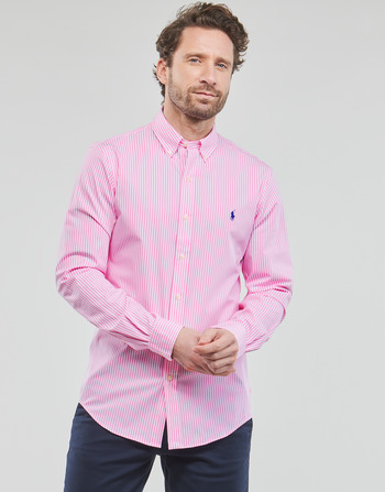 衣服 男士 长袖衬衫 Polo Ralph Lauren CHEMISE AJUSTEE SLIM FIT EN POPELINE RAYE 玫瑰色 / 白色