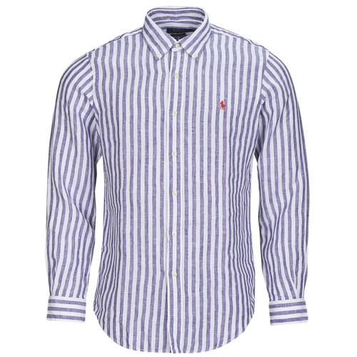 衣服 男士 长袖衬衫 Polo Ralph Lauren CHEMISE COUPE DROITE EN LIN 海蓝色 / 白色