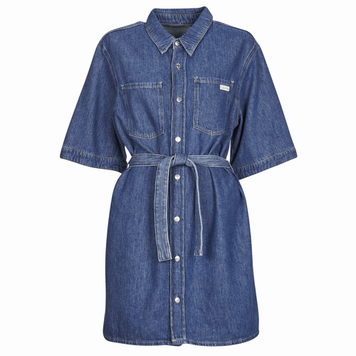 衣服 女士 短裙 Calvin Klein Jeans LINEN BOXY BELTED SHIRT DRESS 海蓝色